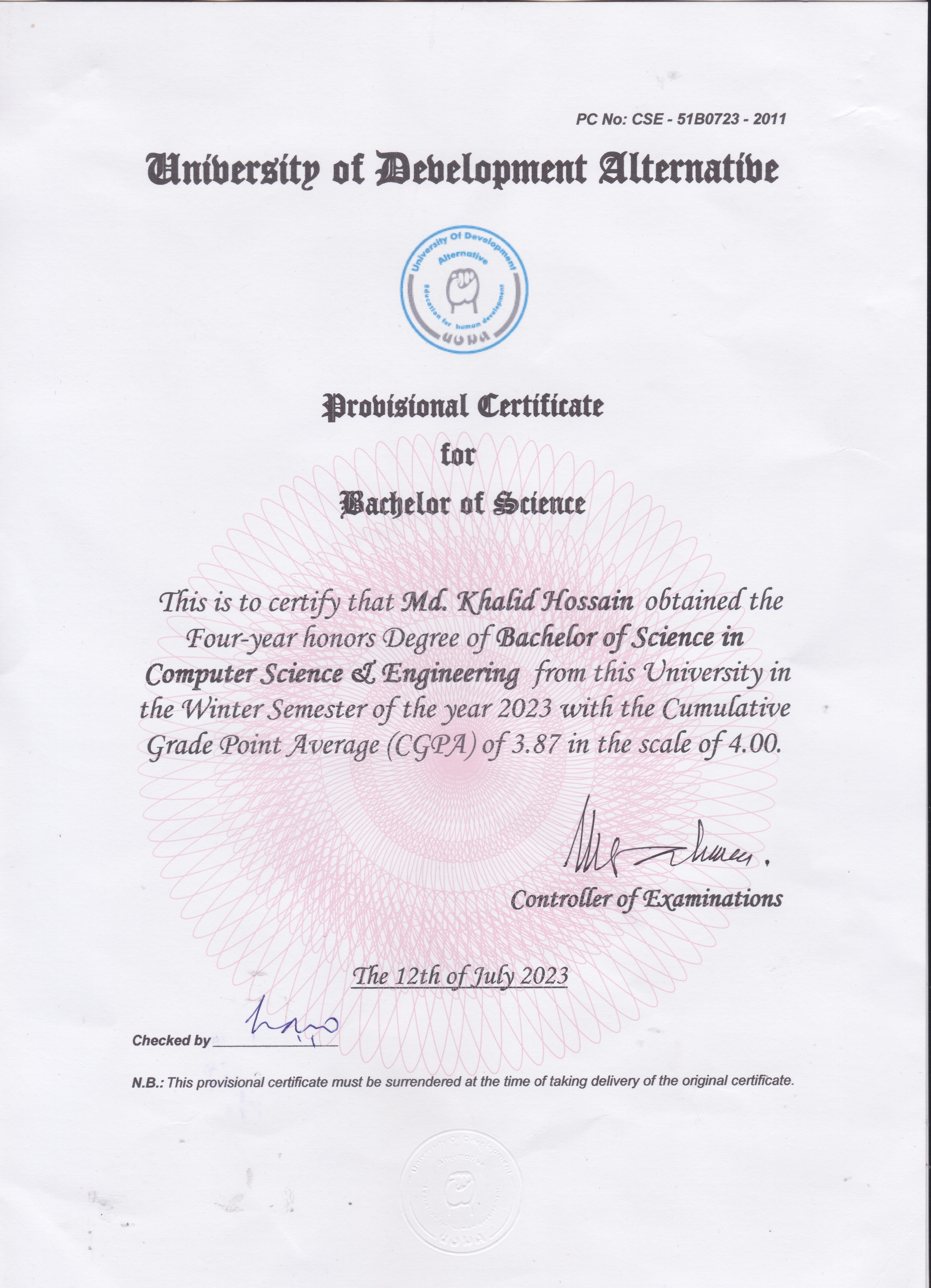 Provisional Certificate - Bachelor of Science in Computer Science & Engineering