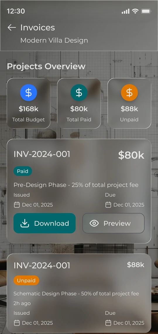 Architecture Collaboration Portal project based invoices screen