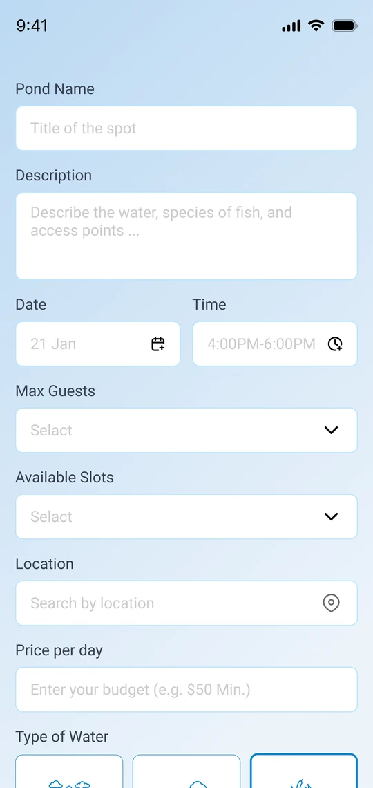 Fishing Spot Booking create event screen