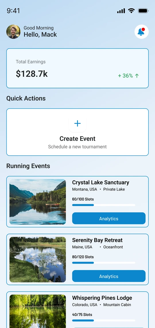 Fishing Spot Booking home screen