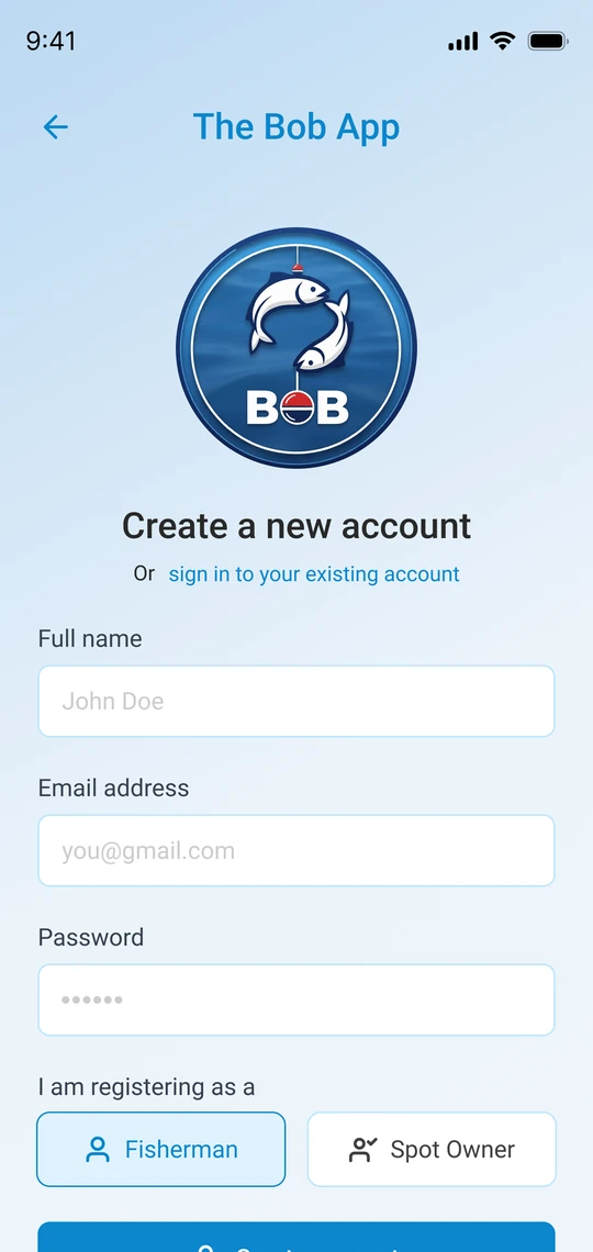 Fishing Spot Booking signup screen