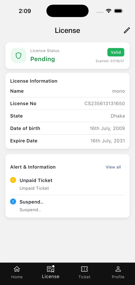 Drive Status license status valid screen