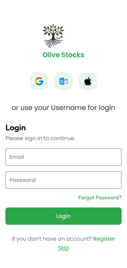 Olive Stocks login screen