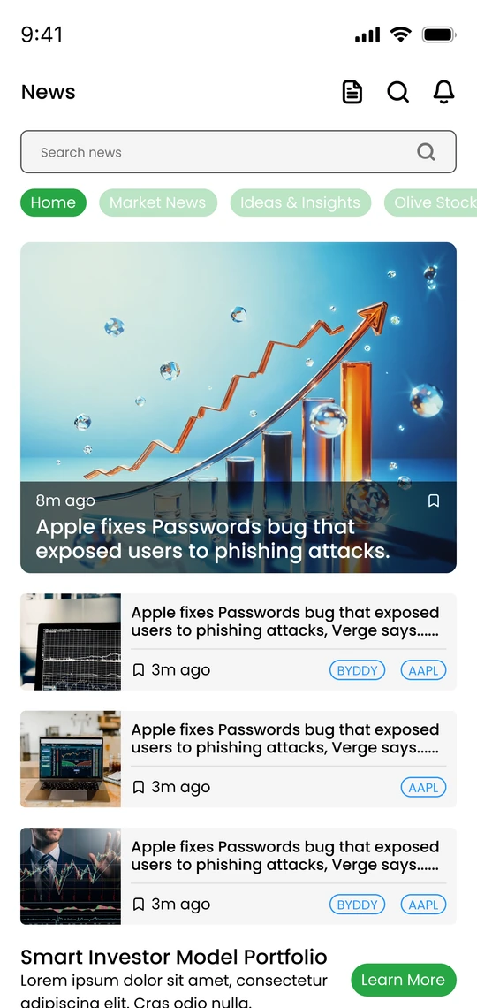 Olive Stocks news home screen
