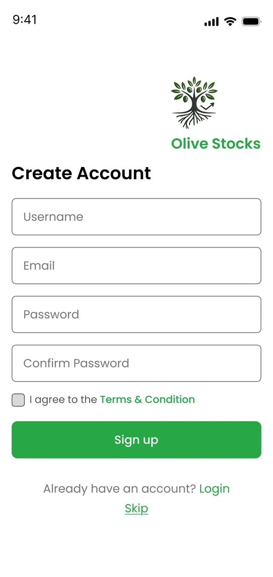 Olive Stocks signup screen