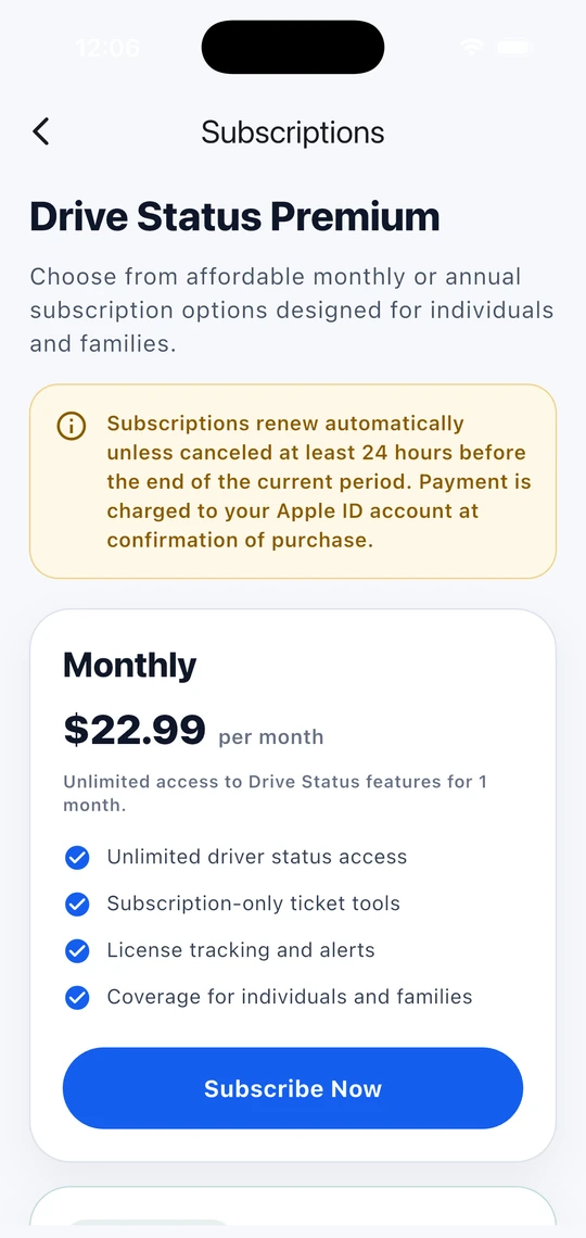 Drive Status subscription monthly screen