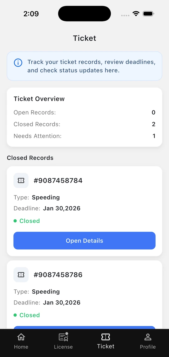 Drive Status ticket list screen