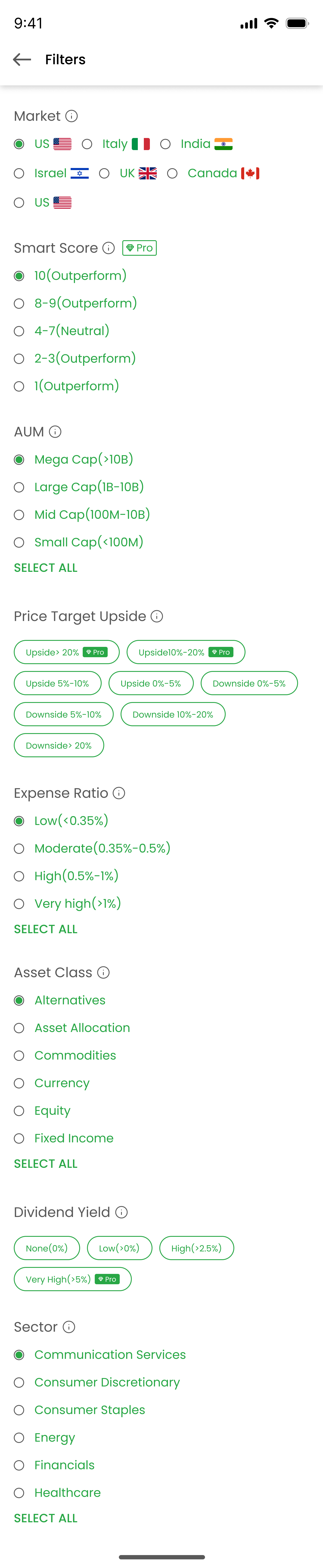 Olive Stocks etf screener filters screen